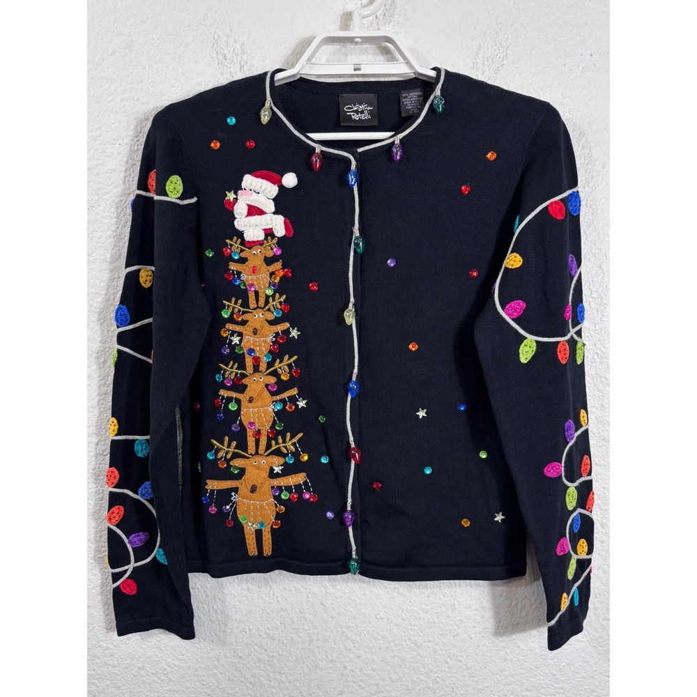 Christina Rotelli Cardigan Women S Black Reindeer Santa Beaded Ugly Christmas